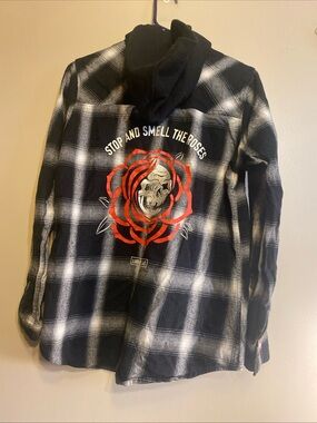 Lurking Class Jacket Flannel‎ With Hood Black White Rose Skull Women’s Medium